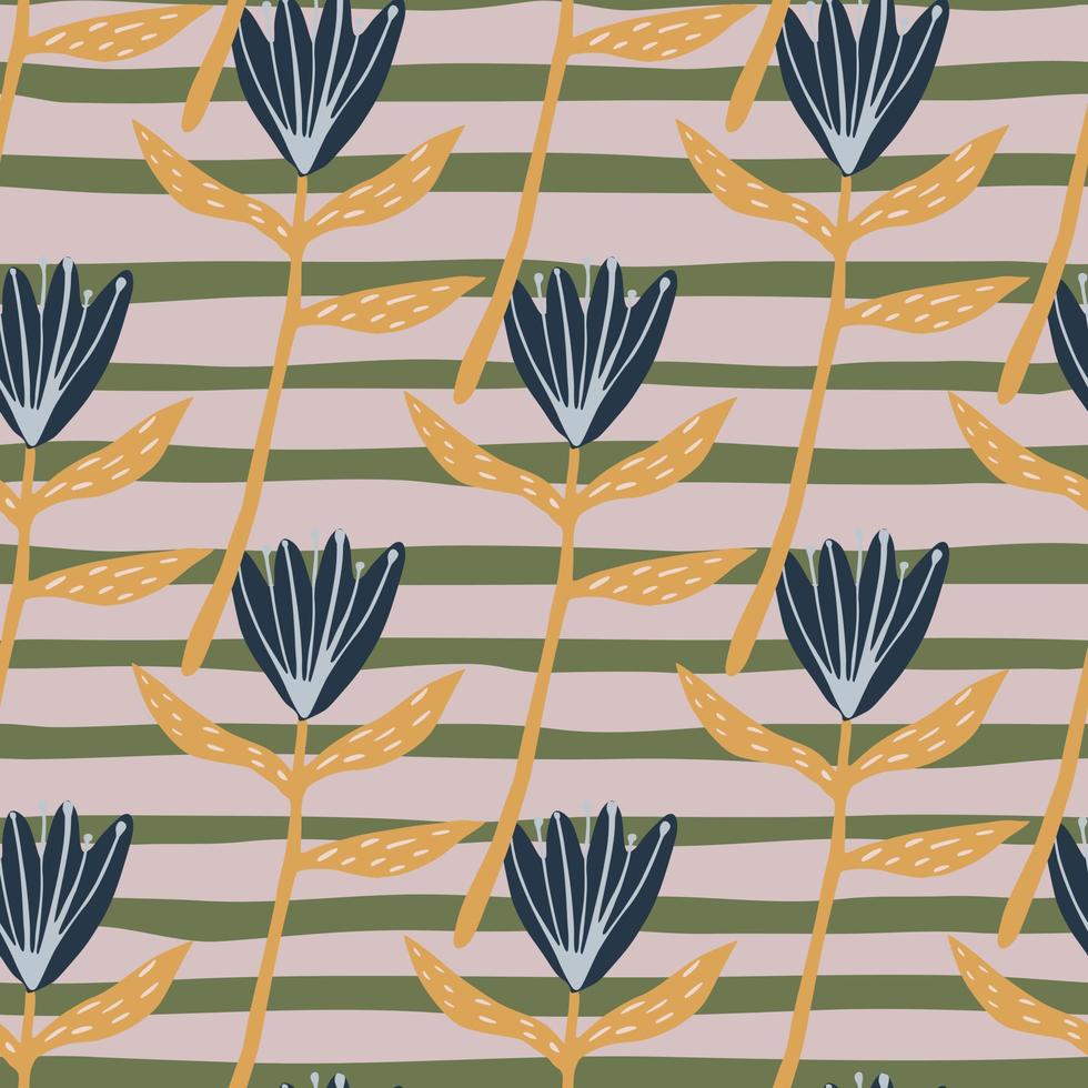 Seamless floral pattern with navy blue tulip flowers. Grey background with strips. Simple botanic backdrop. vector