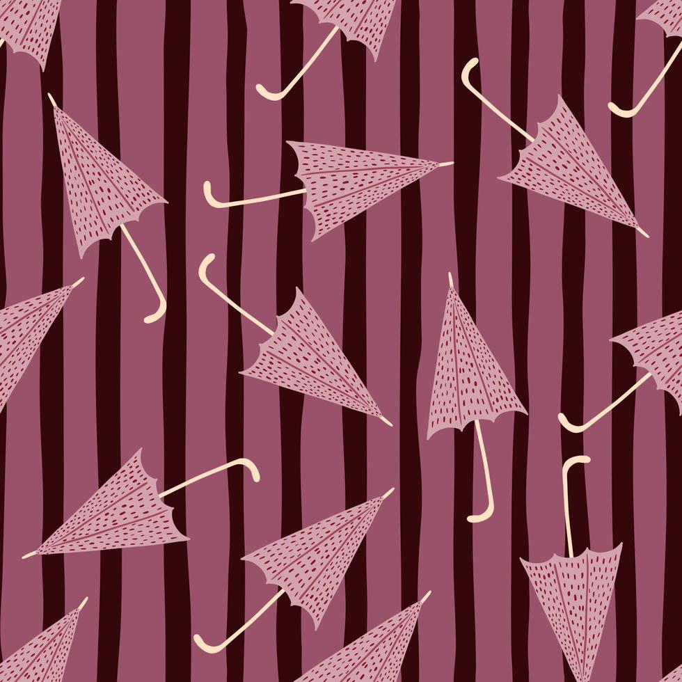 Random seamless pattern with cartoon pink umbrellas. Bright striped background. vector