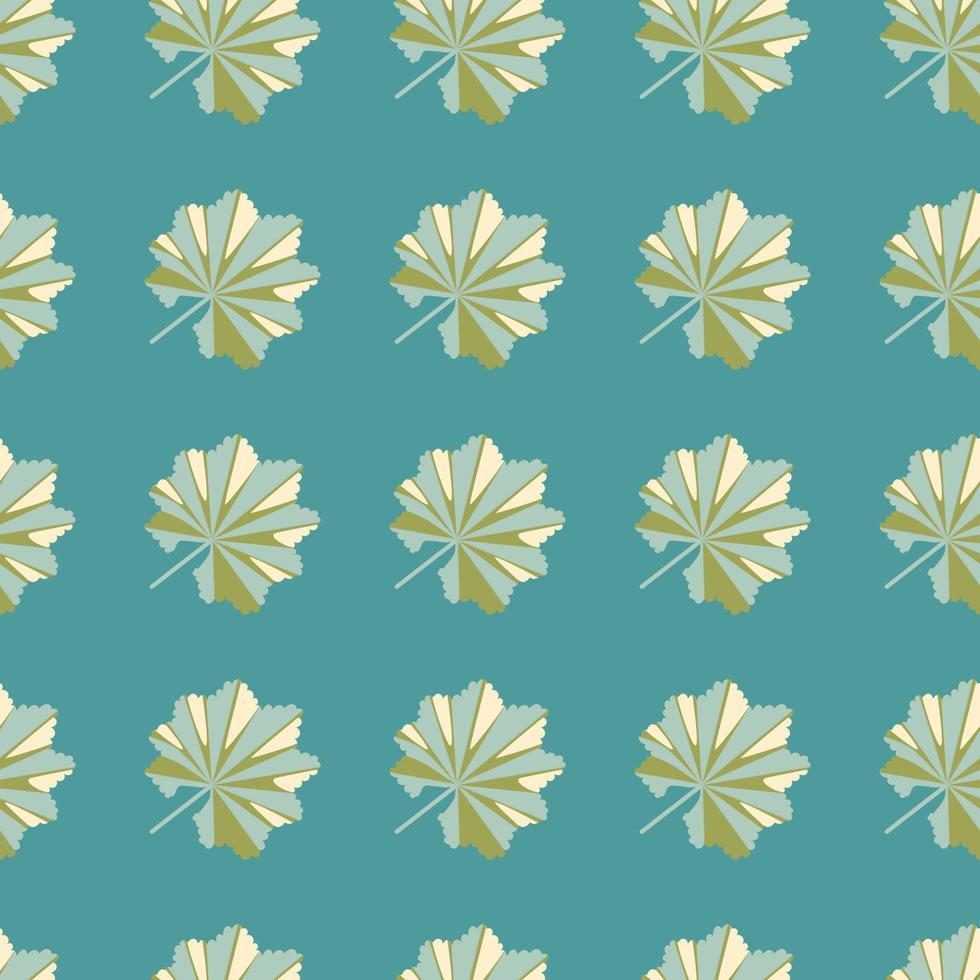 Green doodle seamless pattern with simple style tropic leaf silhouettes. Turquoise background. vector