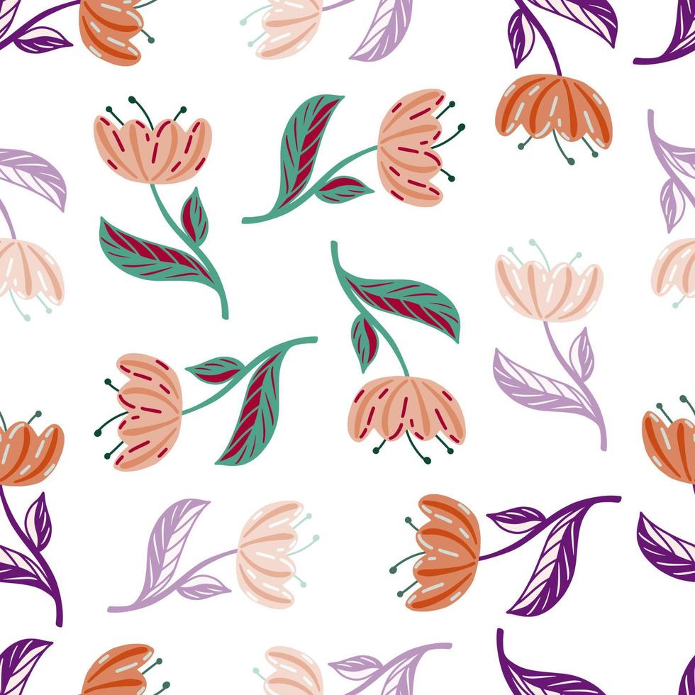 Bloom seamless pattern with random colorful tulip flowers elements. Isolated decorative backdrop. vector
