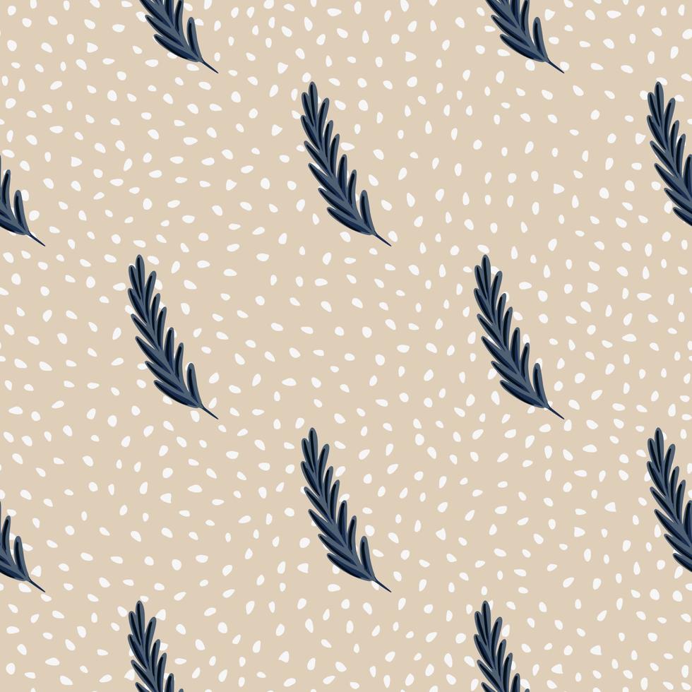 Hand drawn navy blue feather seamless pattern. Beige dotted background. Scrapbook doodle print. vector