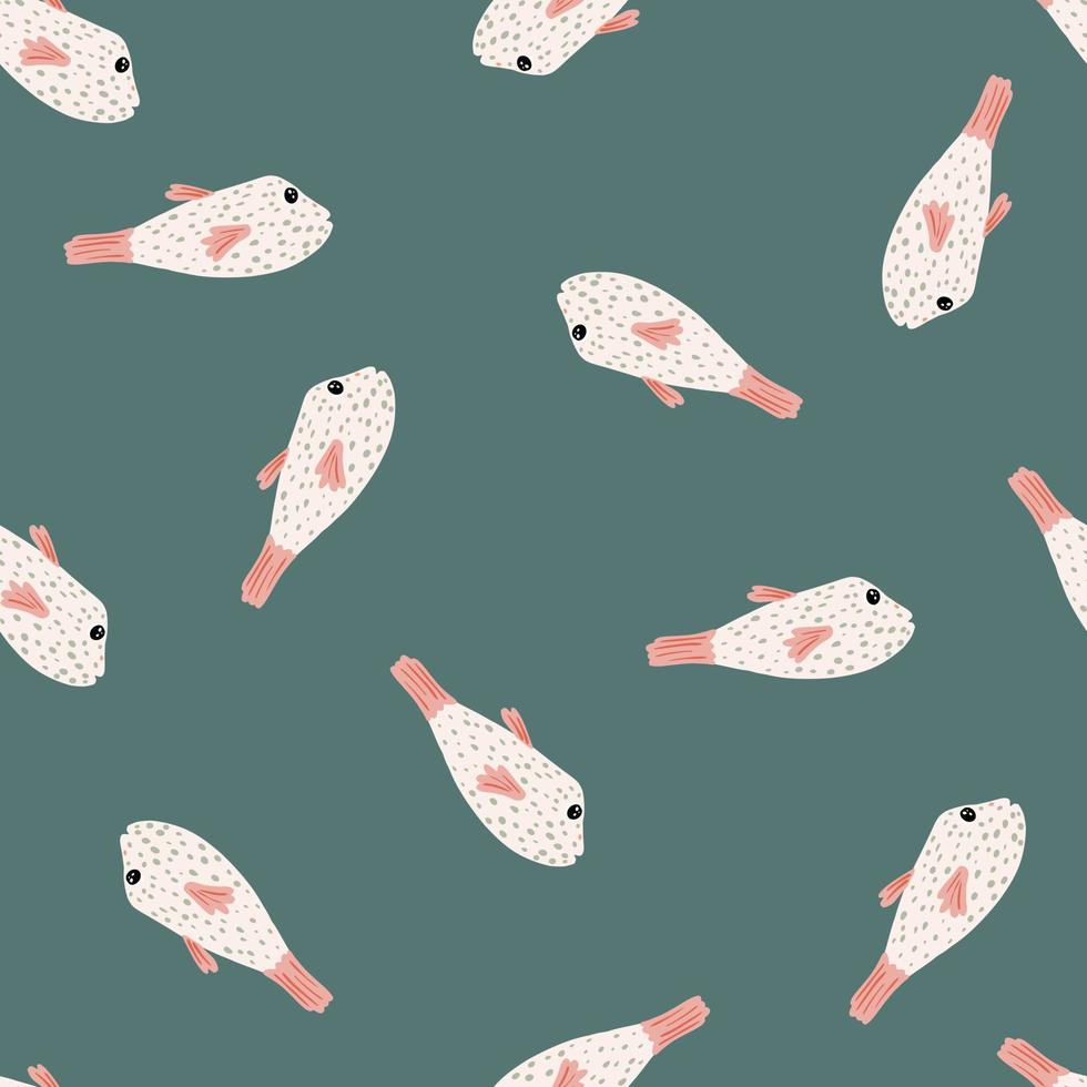 Nature seamless pattern with pastel pink fish silhouettes ornament. Turquoise pastel background. Random print. vector