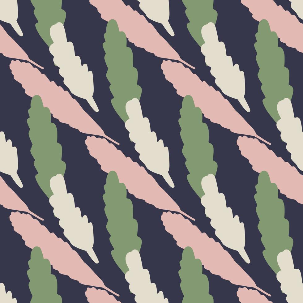 Pastel seamless herbal pattern with foliage abstract figures. Navy blue background with pink, green and white color elements. vector