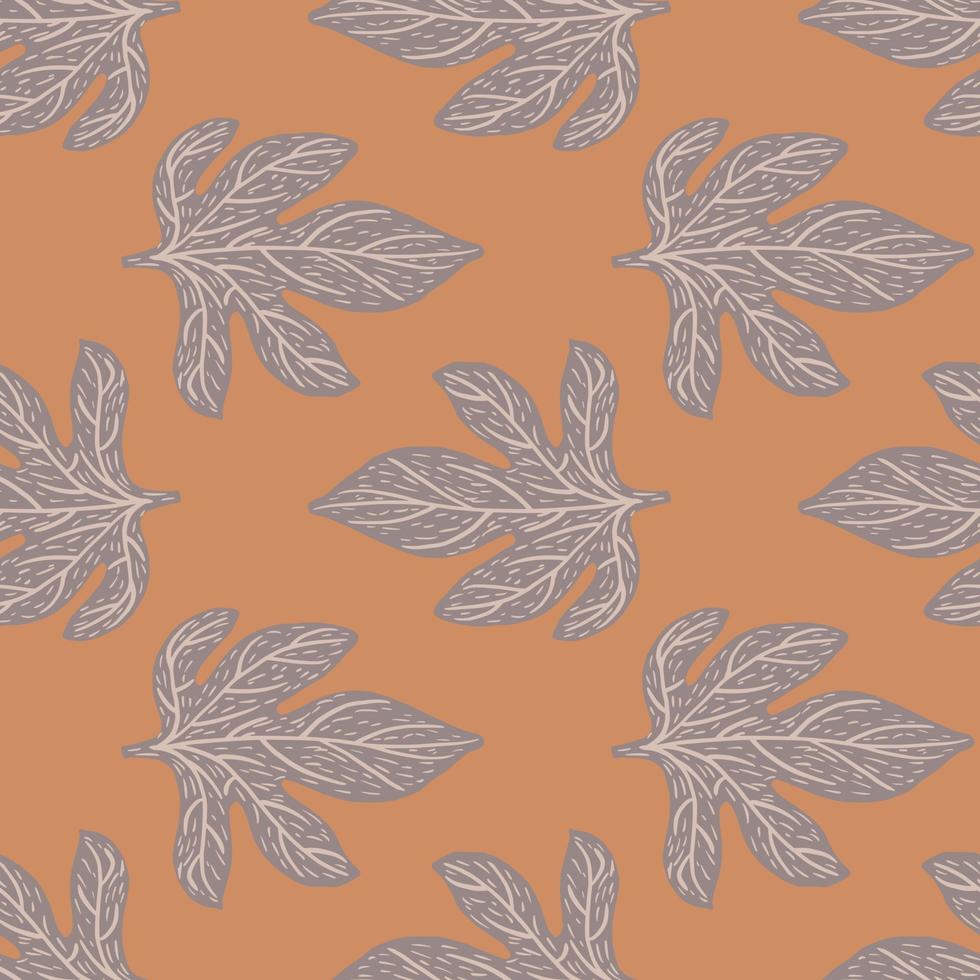 Pale autumn seamless pattern with outline grey hand drawn leaves. Orangen pastel background. vector