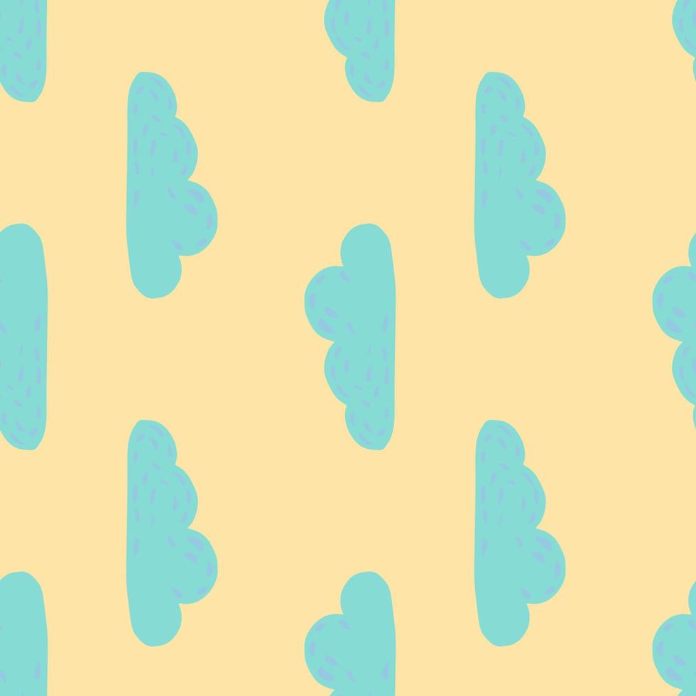 Pastel minimalistic seamless pattern with blue cartoon clouds. Orange light background. vector