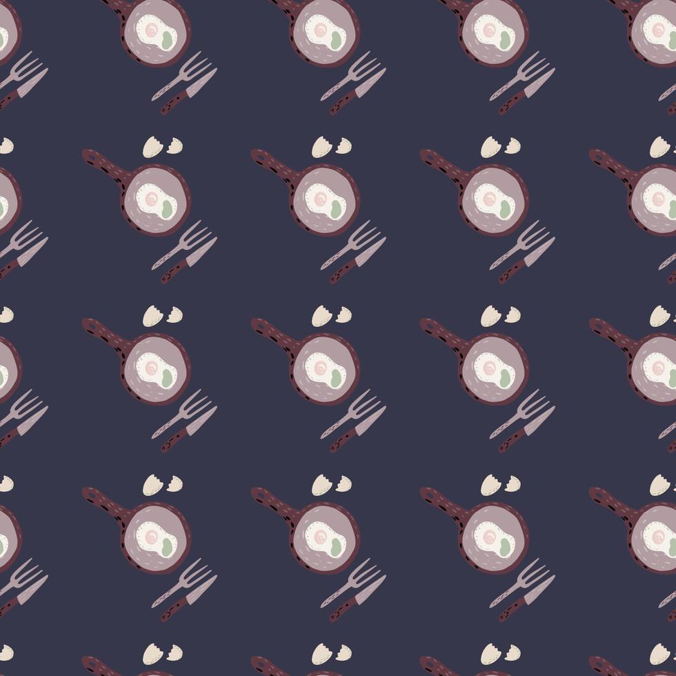 Hand drawn brunch seamless pattern with breakfast ornament. Pans with omelette, folks and knifes elements on navy blue dark background. vector