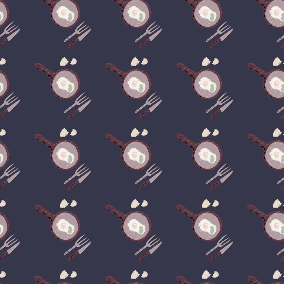 Hand drawn brunch seamless pattern with breakfast ornament. Pans with omelette, folks and knifes elements on navy blue dark background. vector