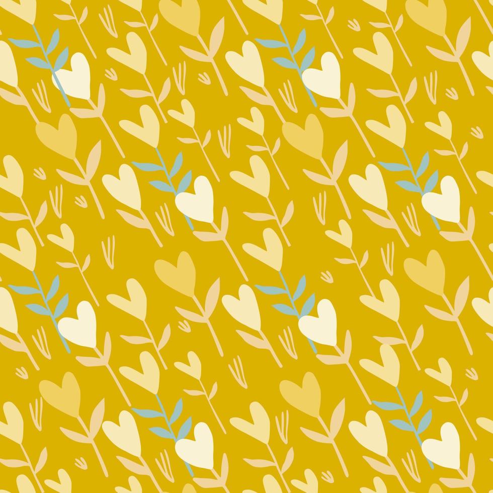 patrón de ramas de corazón transparente de verano aleatorio estilizado. flores de san valentín abstractas sobre fondo amarillo. vector