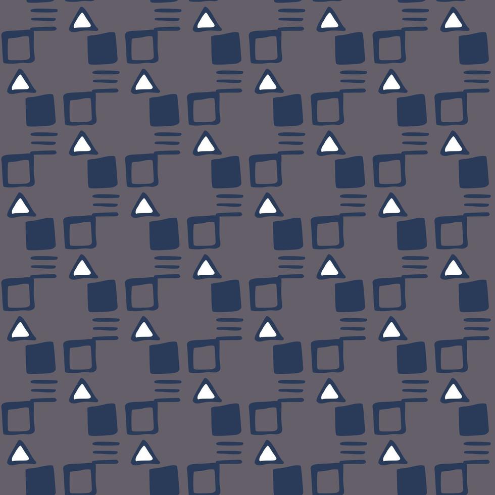 Abstract seamless attern with geometric silhouettes. Blue dashes and squares and white triangles. Dark grey background. vector