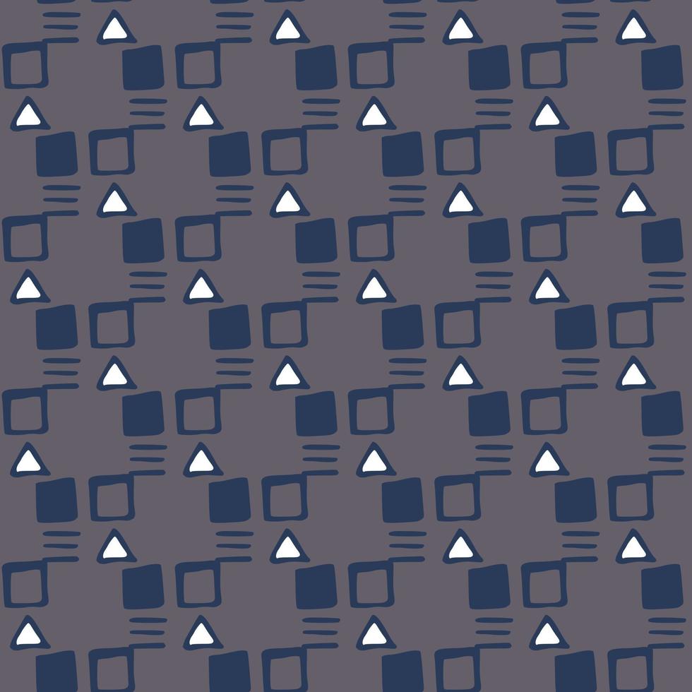 Abstract seamless attern with geometric silhouettes. Blue dashes and squares and white triangles. Dark grey background. vector