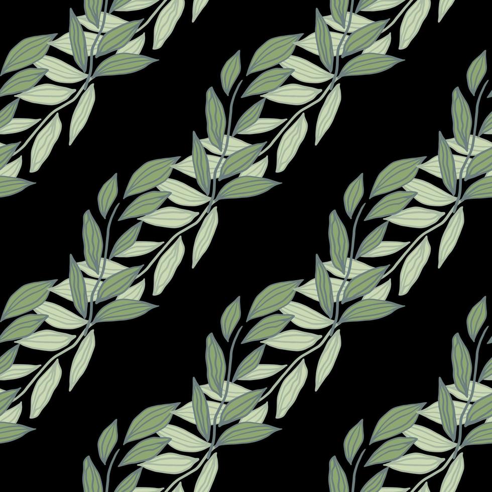 ramas hojas siluetas de patrones sin fisuras. telón de fondo floral con fondo negro. onamento botánico de tonos verdes. vector