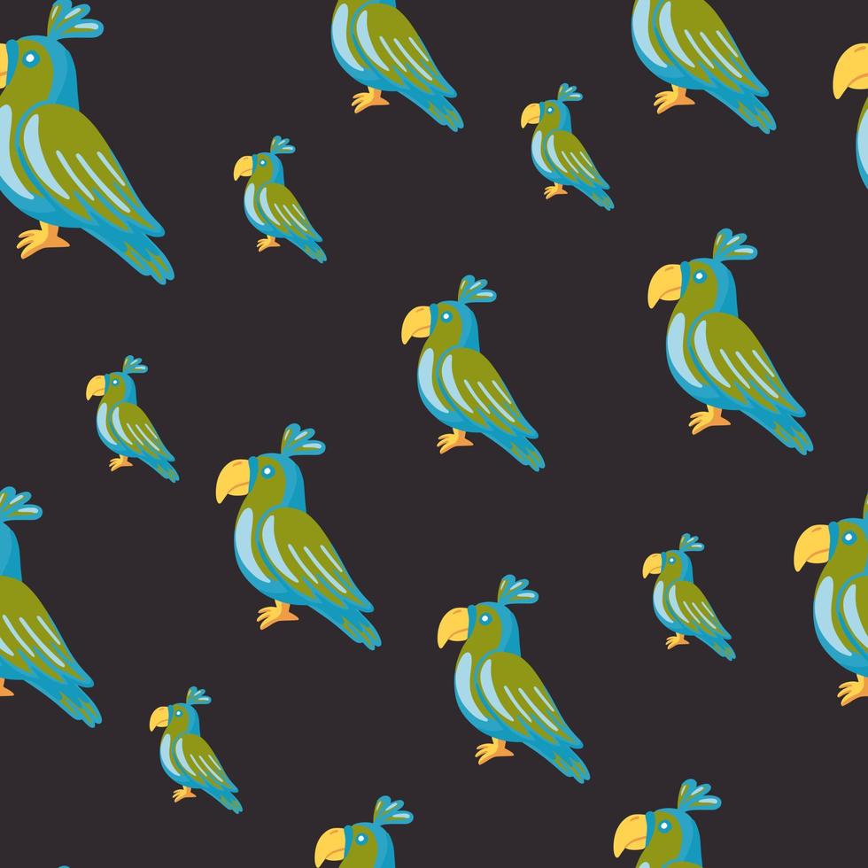 Hand drawn animal seamless pattern with random parrots ornament. Black background. Green and blue birds. vector