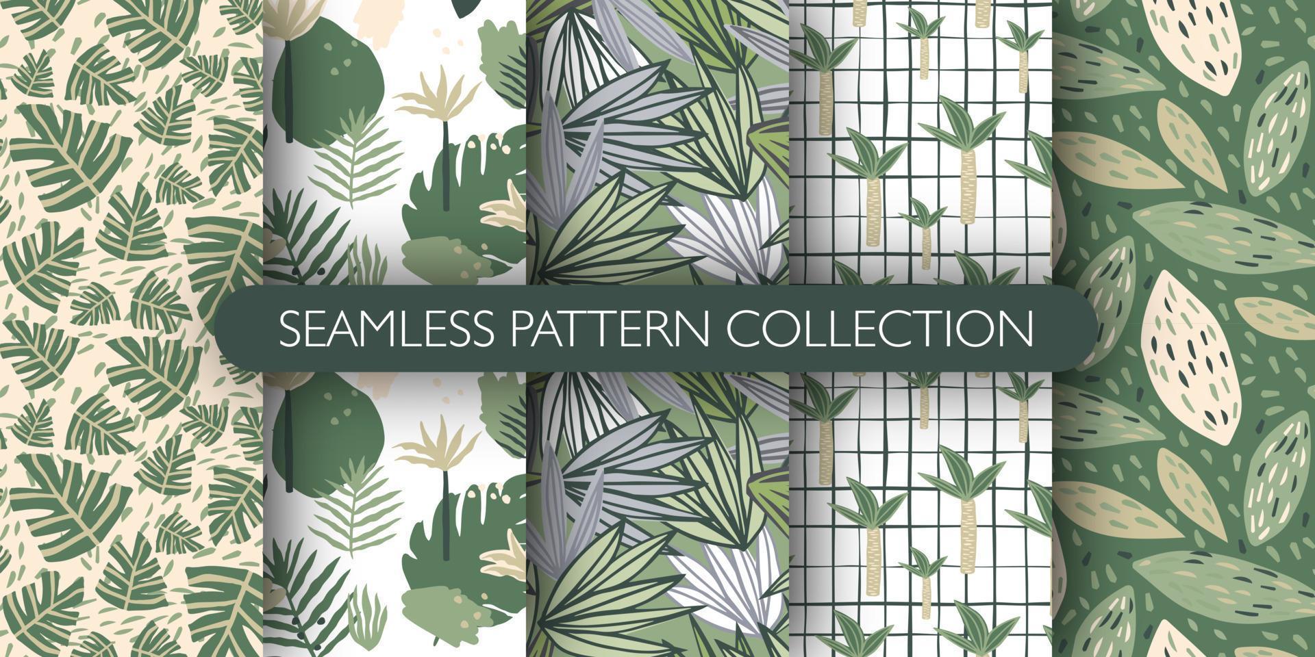 Set of doodle jungle exotic leaves seamless pattern. Cute tropical leaf endless wallpaper. Botanical vector illustration