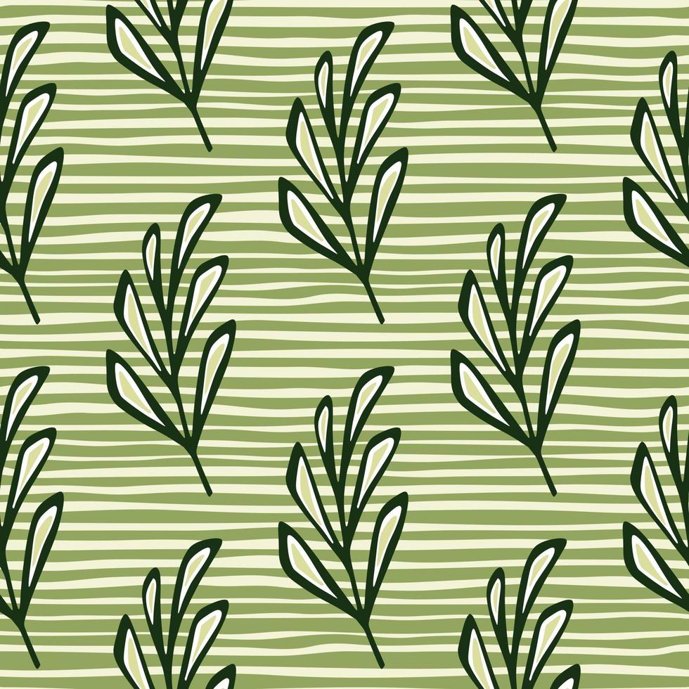 Outline green leaf branches elements seamless doodle pattern. Green and white striped background. vector