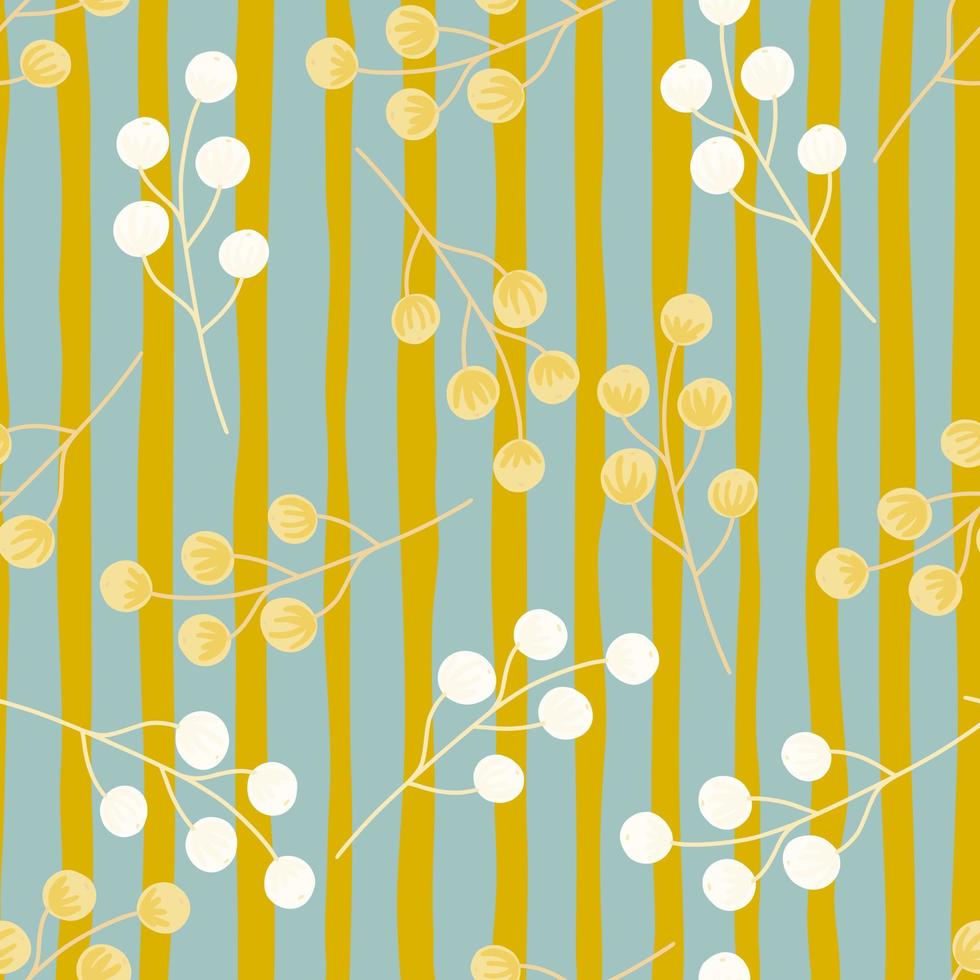 Forest botany seamless pattern with random orange and white berries shapes. Green and blue striped background. vector