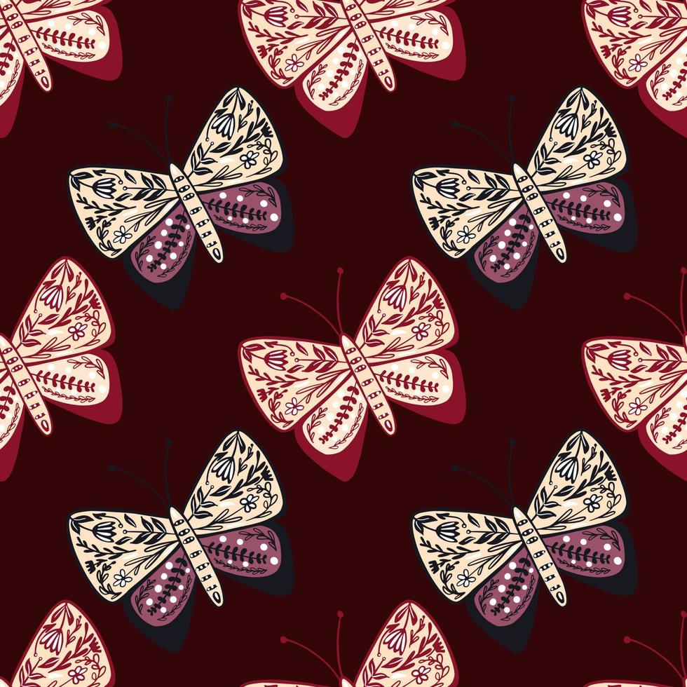 Purple and pink ornamental botanic style butterfly shapes. Maroon dark background. Insect print in folk style. vector