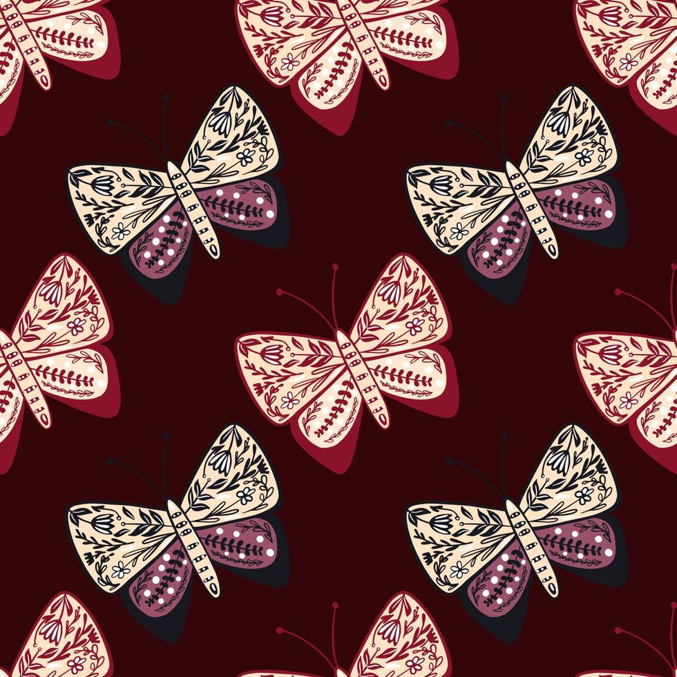 Purple and pink ornamental botanic style butterfly shapes. Maroon dark background. Insect print in folk style. vector