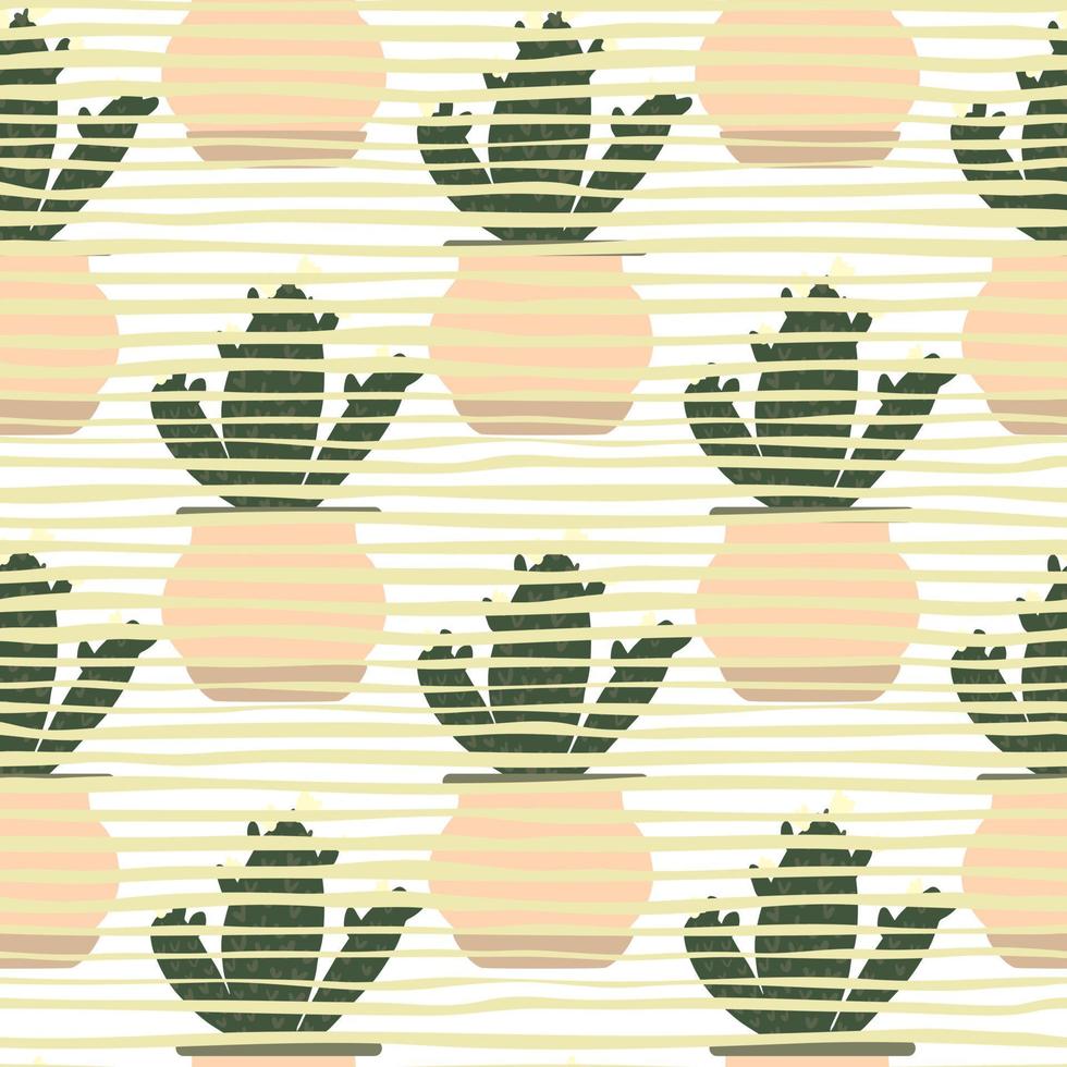 Houseplant cacti wallpaper. Hand drawn cactus in pot seamless pattern on stripes background. vector