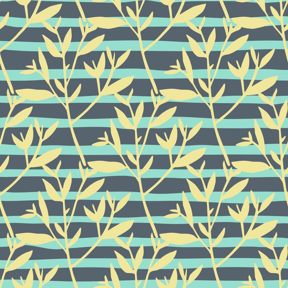 Abstract twig silhouette seamless pattern on stripe background. Tree branches wallpaper. Nature decorative sprig. vector