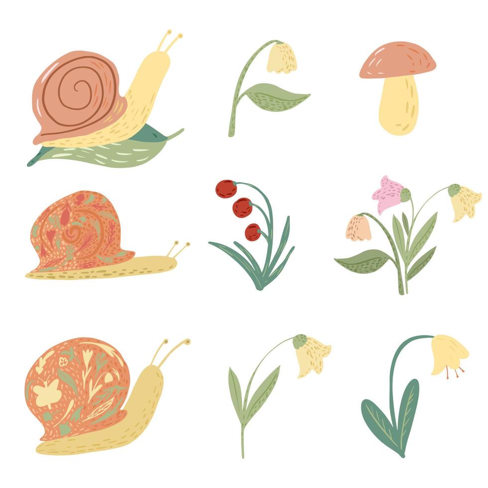 Set snail and flower. Funny cartoon character. snail, lily of the valley, bellflowers, mushroom, leaf, berry in doodle style. vector