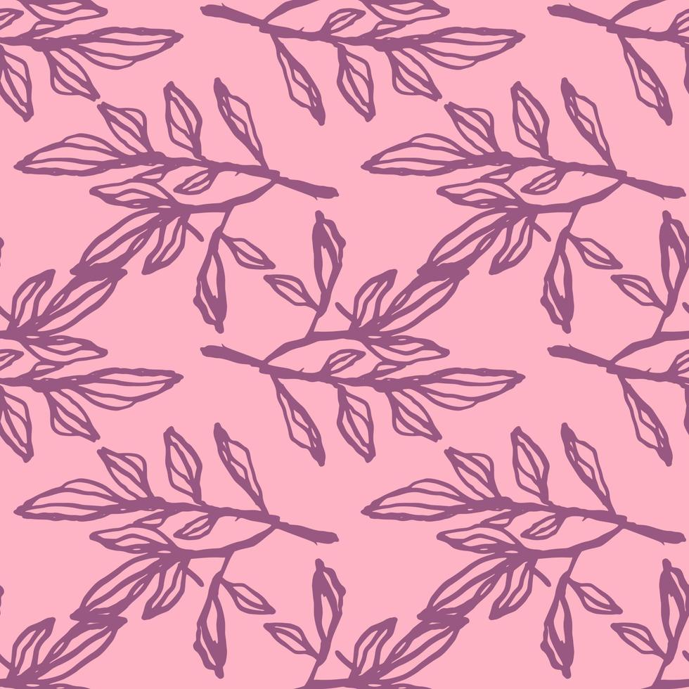 Purple contoured branches with foliage. Pink background. Floral simple backdrop. vector