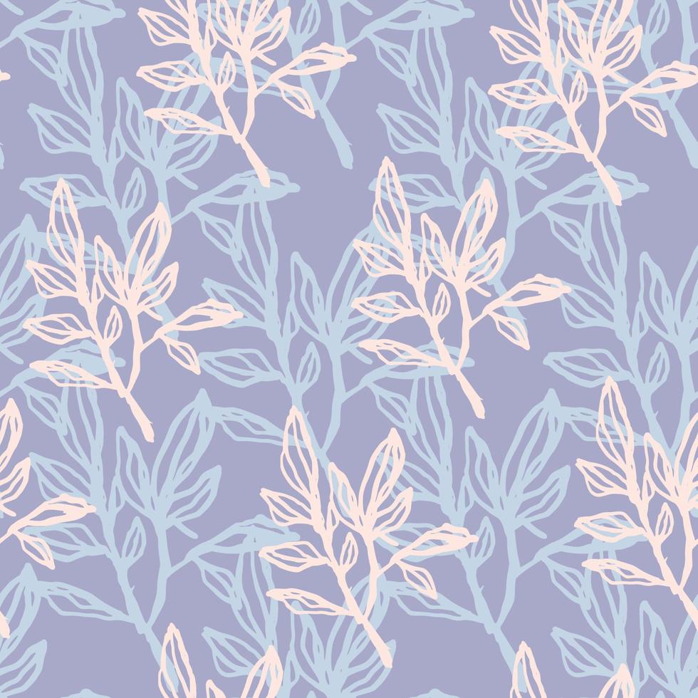 primavera de patrones sin fisuras con siluetas de ramas. fondo violeta claro con follaje rosa y azul. vector