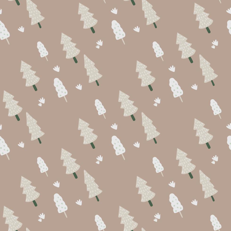 Pale seamless pattern with fir tree grey silhouettes. Light beige background with simple nature print. vector