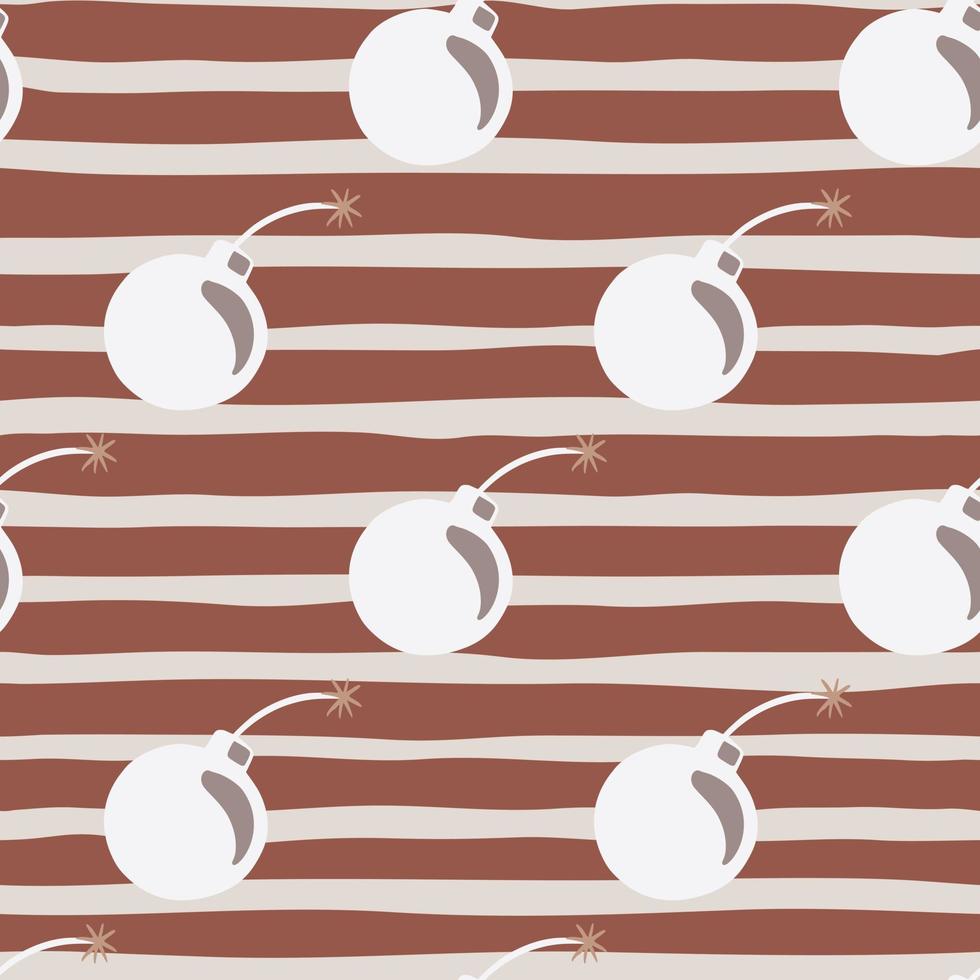 White bomb with shadow seamless doodle pattern. Army weapon style. Maroon and grey striped background. vector