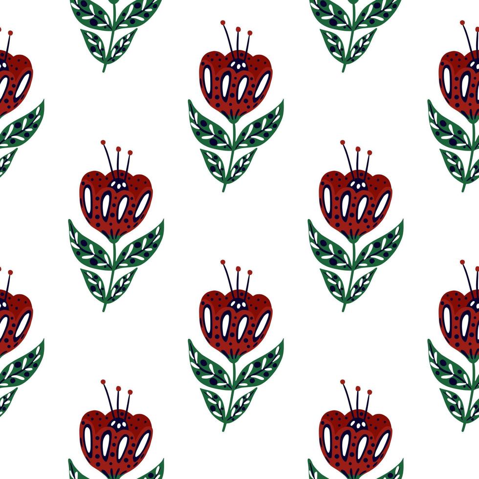 Botanic isolated seamless pattern with red folk flowers elements. White background. Hand drawn style. vector