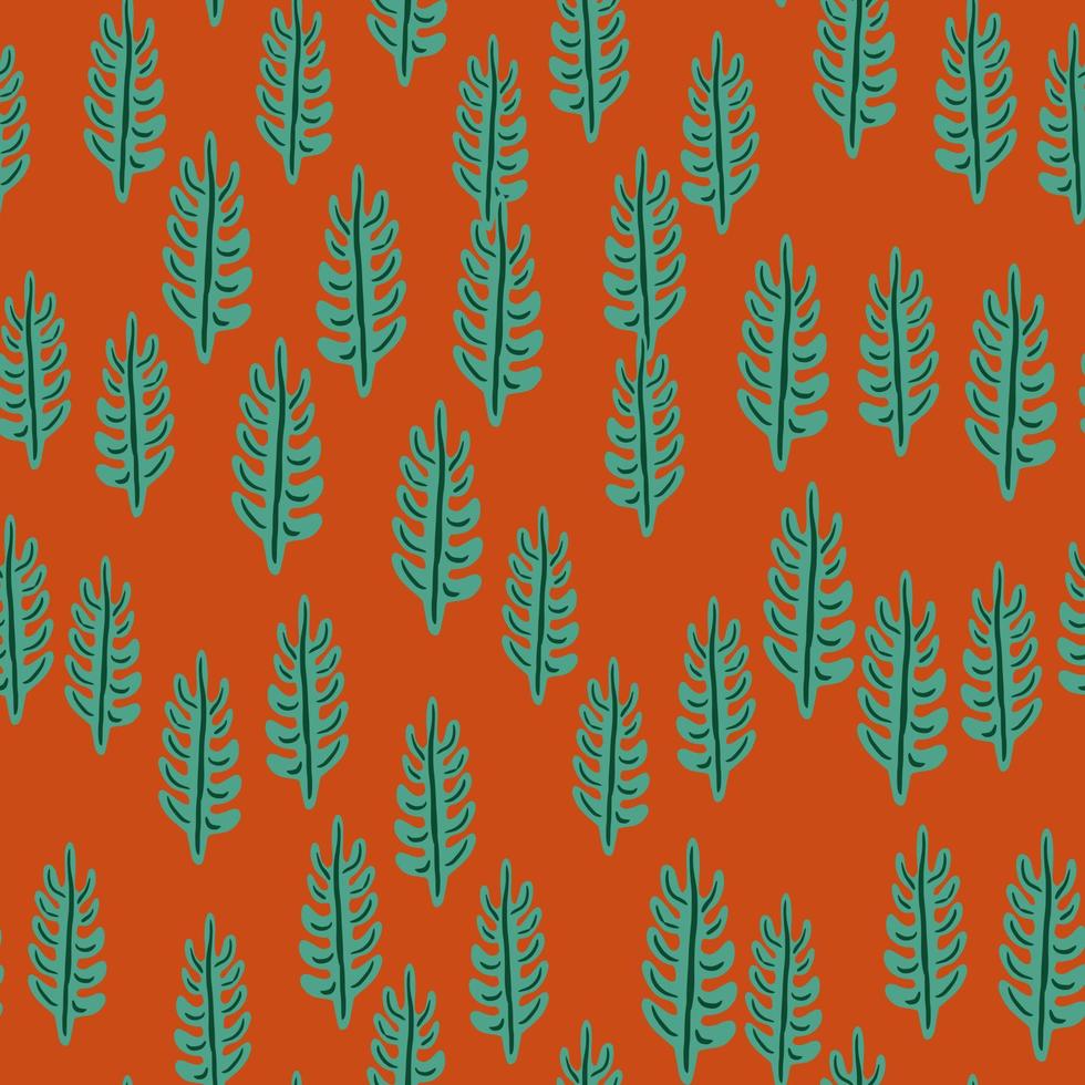 Seamless autumn style pattern with turquoise little leaf branches ornament. Dark orange background. vector