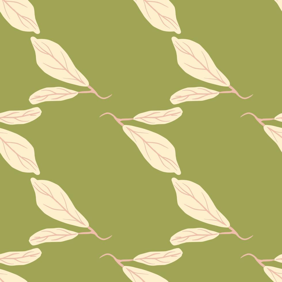 Hand drawn stylized light pink leaf seamless pattern. Green pastel background. Herbal artwotk in soft tones. vector
