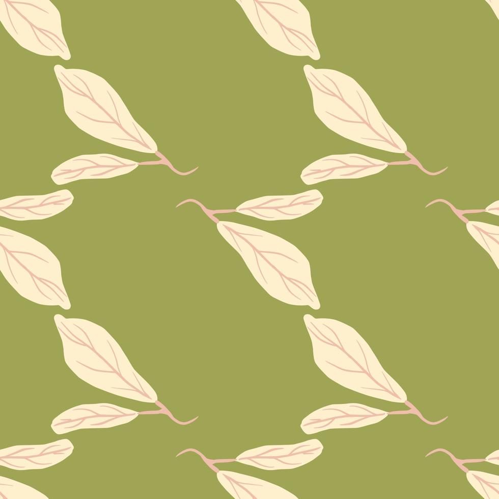 Hand drawn stylized light pink leaf seamless pattern. Green pastel background. Herbal artwotk in soft tones. vector