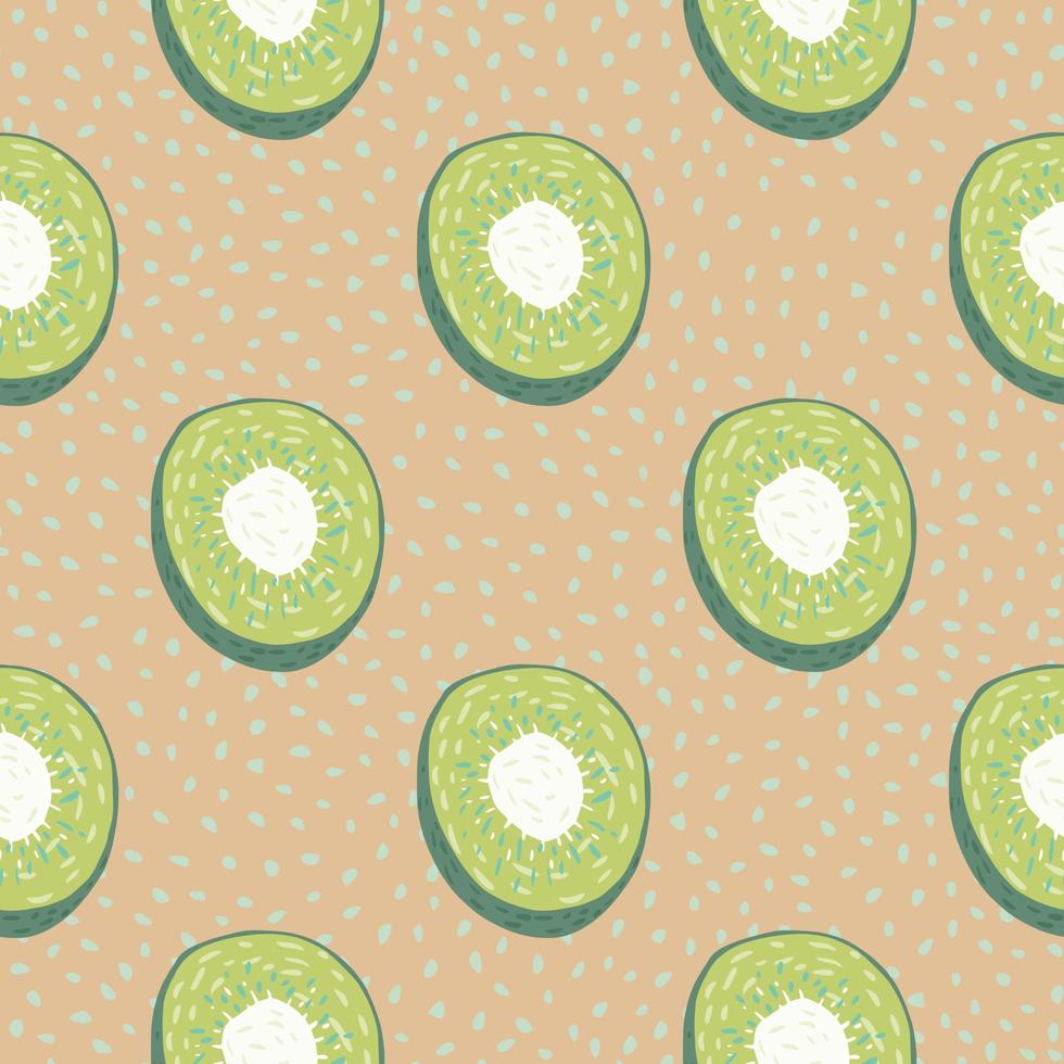 Abstract organic food seamless pattern with kiwi slices. Beige dotted background. Healthy vegetarian backdrop. vector