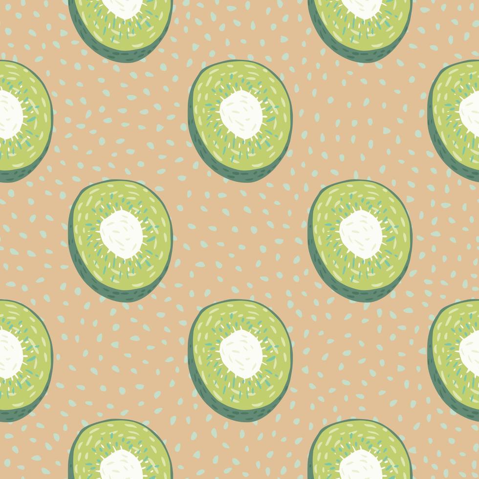 Abstract organic food seamless pattern with kiwi slices. Beige dotted background. Healthy vegetarian backdrop. vector