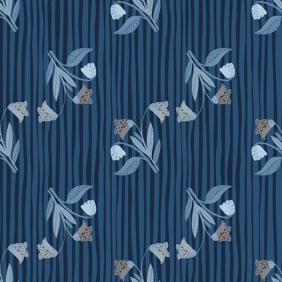 Hand drawn forest flowers silhouettes seamless doodle pattern. Village plants elements with stripped background in navy blue palette. vector