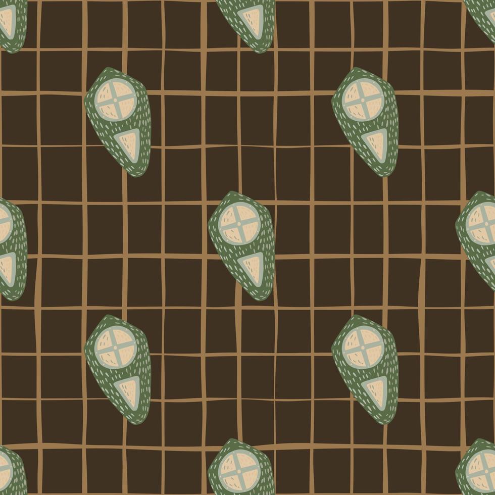 Seamless stylized war pattern with shield silhouettes. Weapon print in green and orange tones on brown chequered background. vector