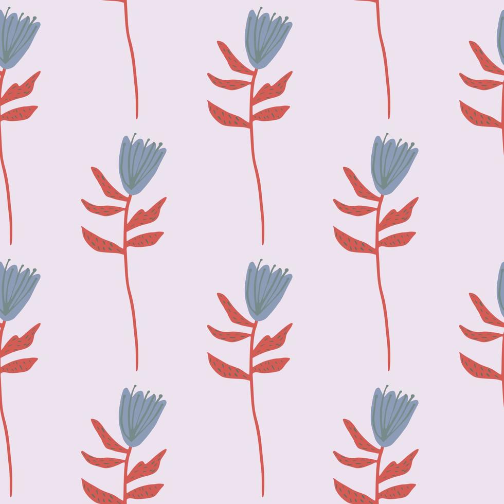 Flower silhouettes seamless pattern. Floral ornament with red twigs on pastel light blue background. vector