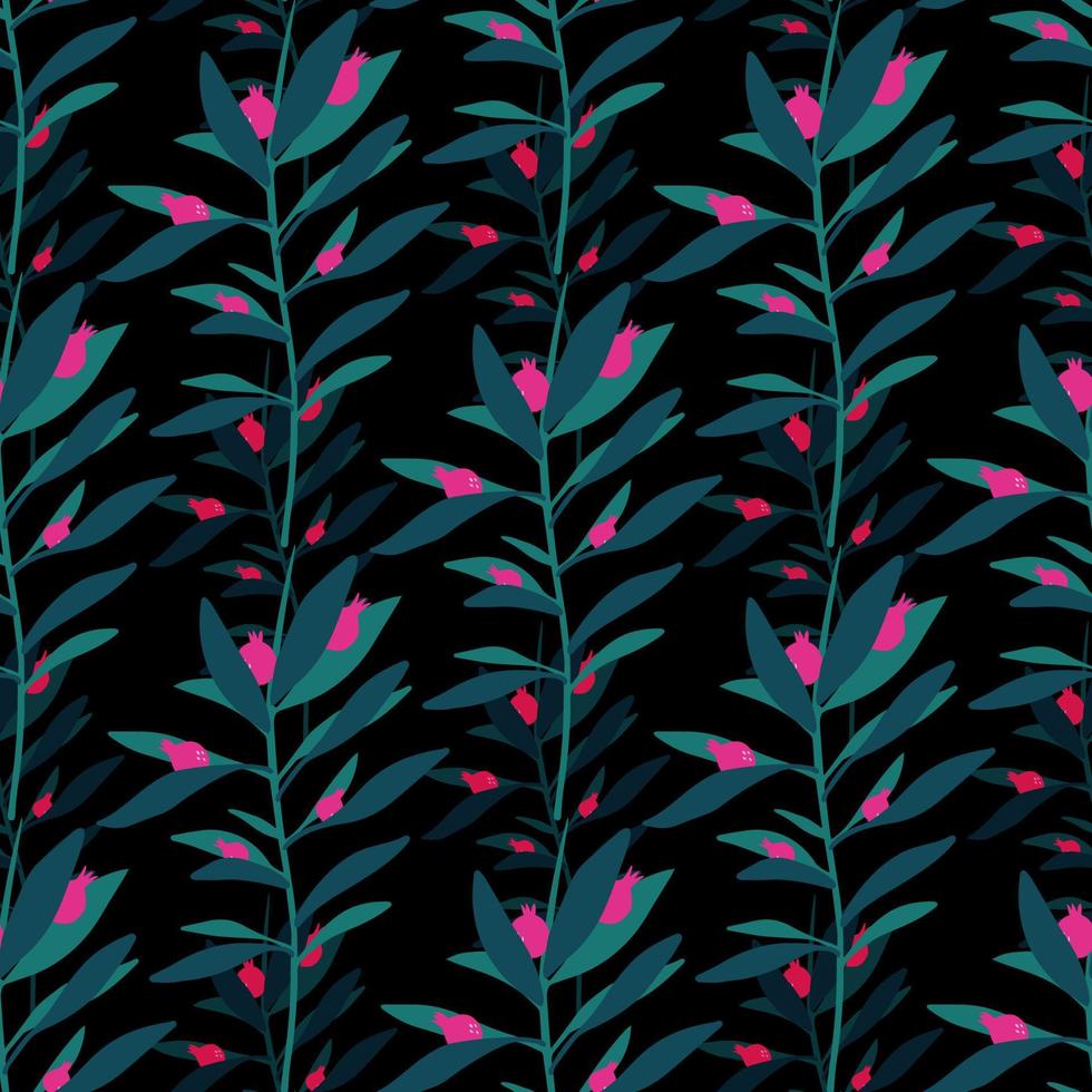 Abstract leaf seamless pattern on black background. Wild berry endless wallpaper. vector
