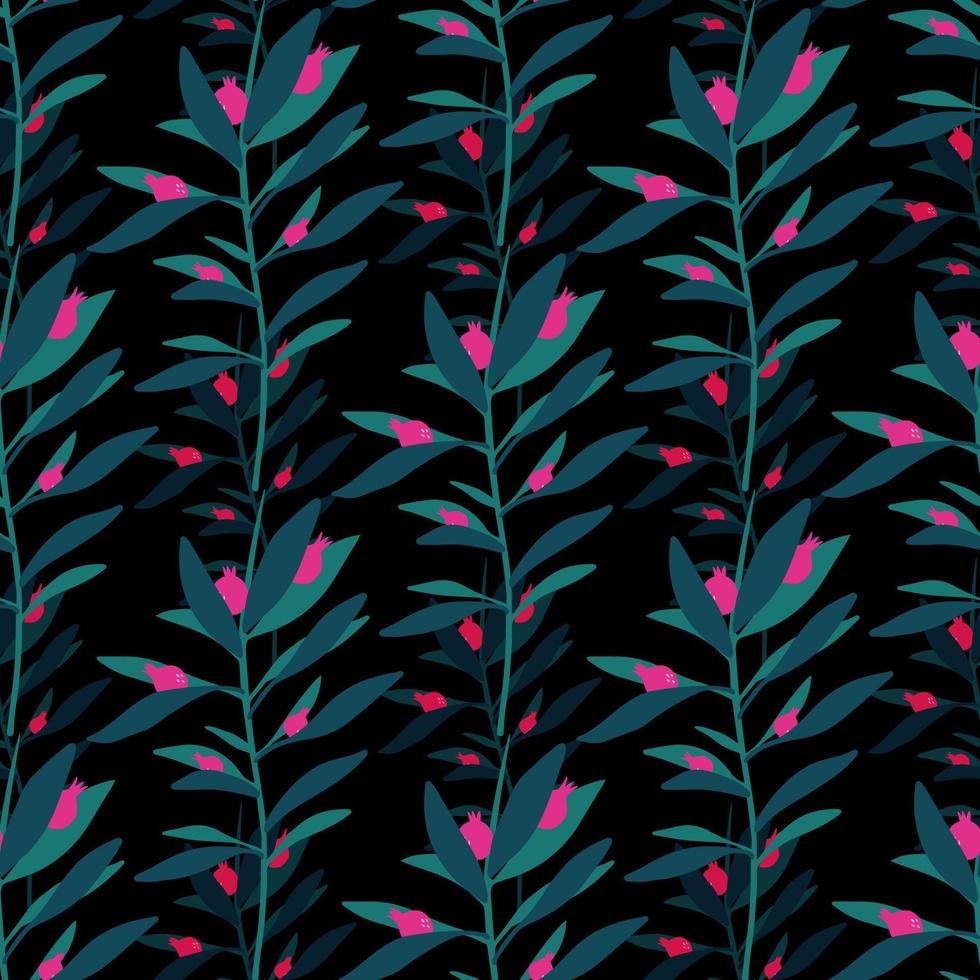 Abstract leaf seamless pattern on black background. Wild berry endless wallpaper. vector