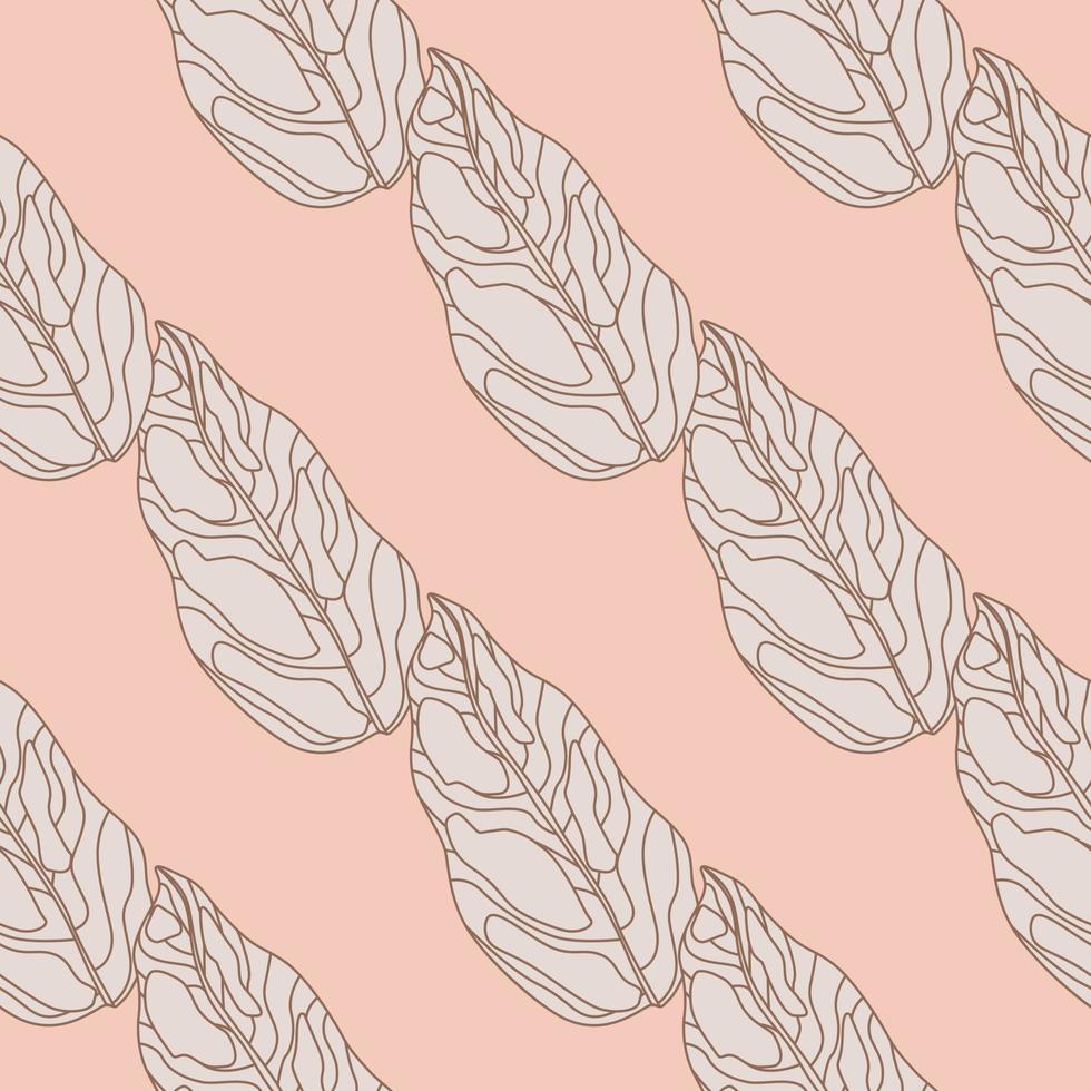 Outline leaf silhouettes seamless pattern. Grey contoured botanic elements on light pink pastel background. vector