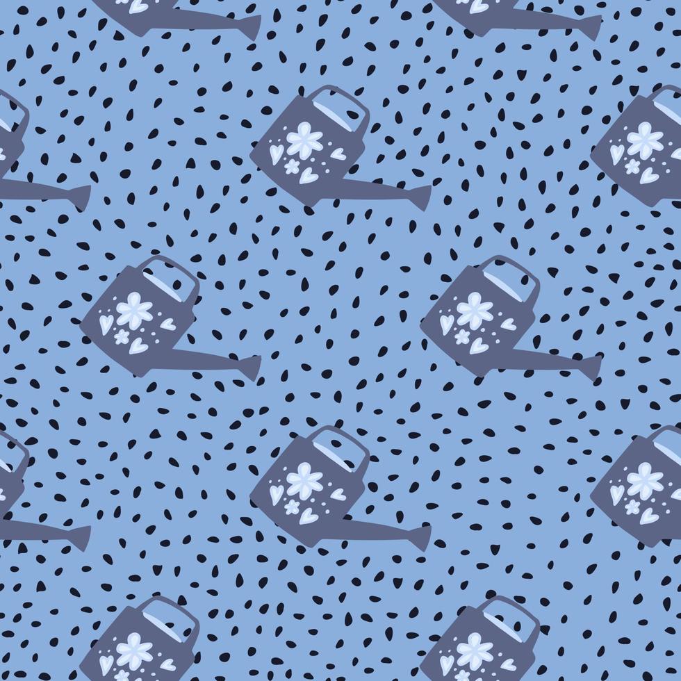 Simple stylized seamless pattern with purple watering can shapes. Garden tool silhouettes on blue dotted background. vector