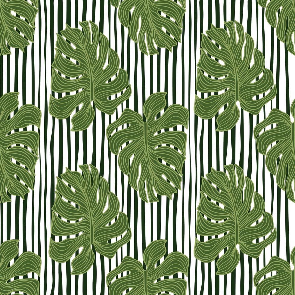 Tropical leaves philodendron plant silhouette seamless pattern on stripes background. vector