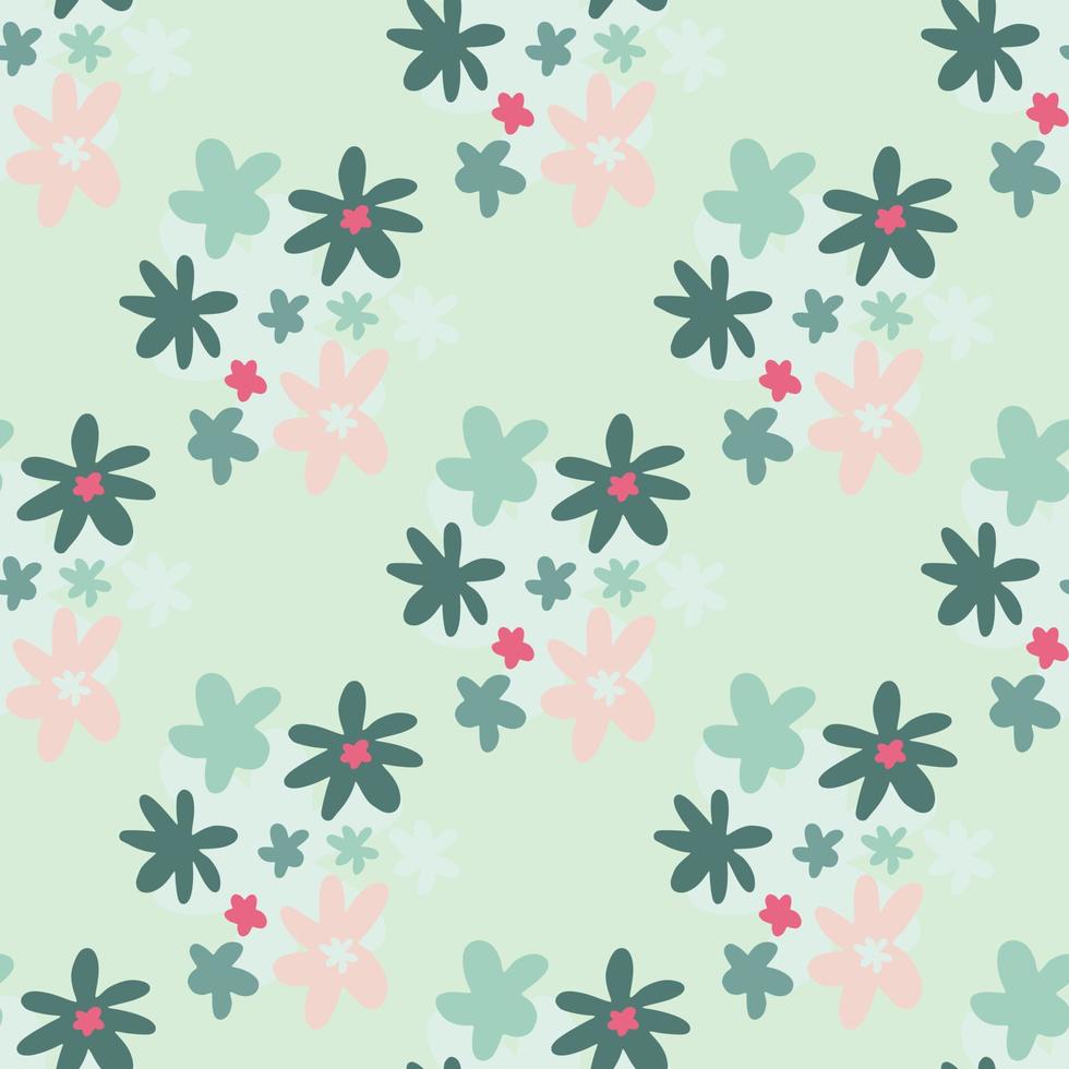 Multicolor chamomile silhouettes seamless pattern. Turquoise background with blue and pink wildflowers. vector