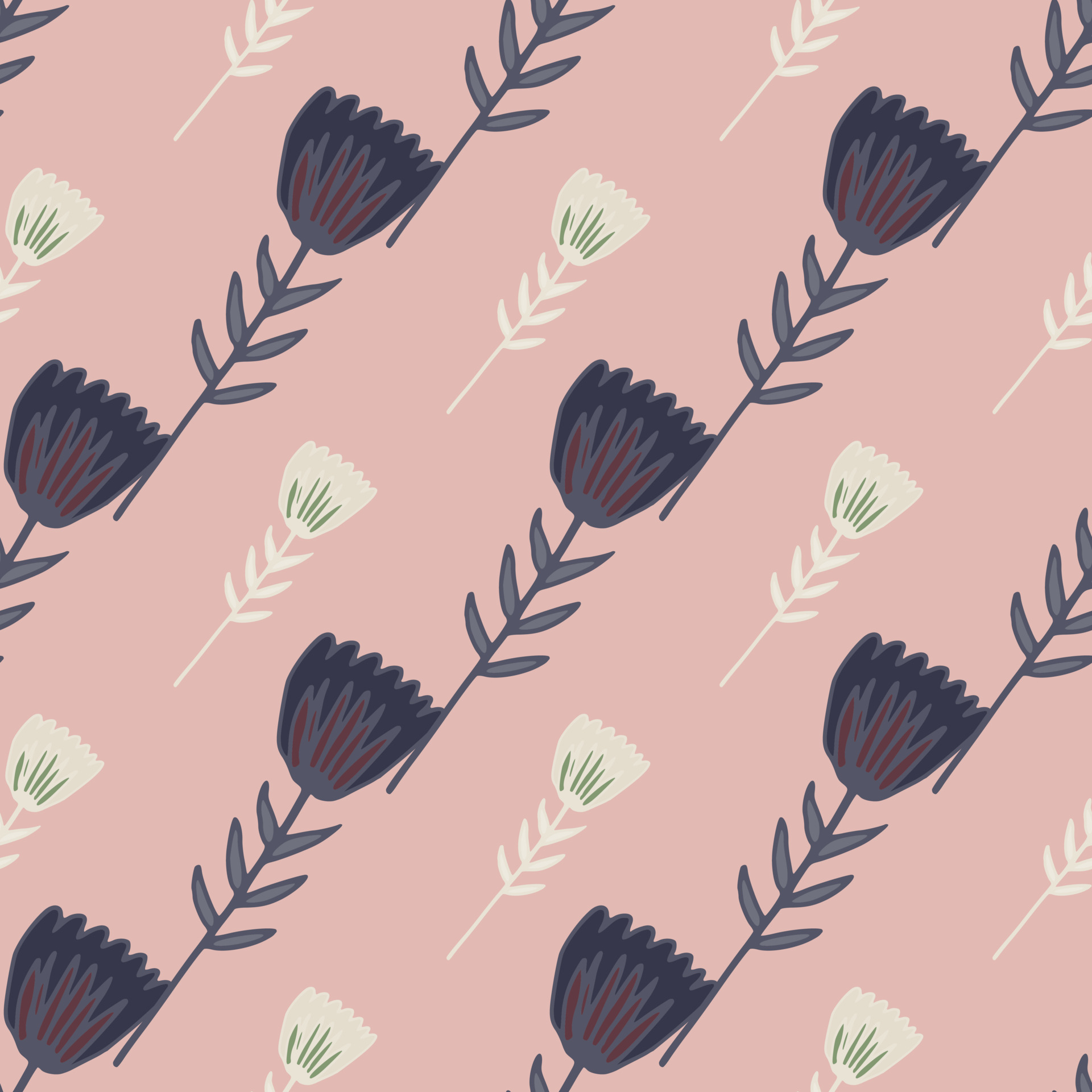 Diagonal seamless floral pattern with contoured flowers in dark blue