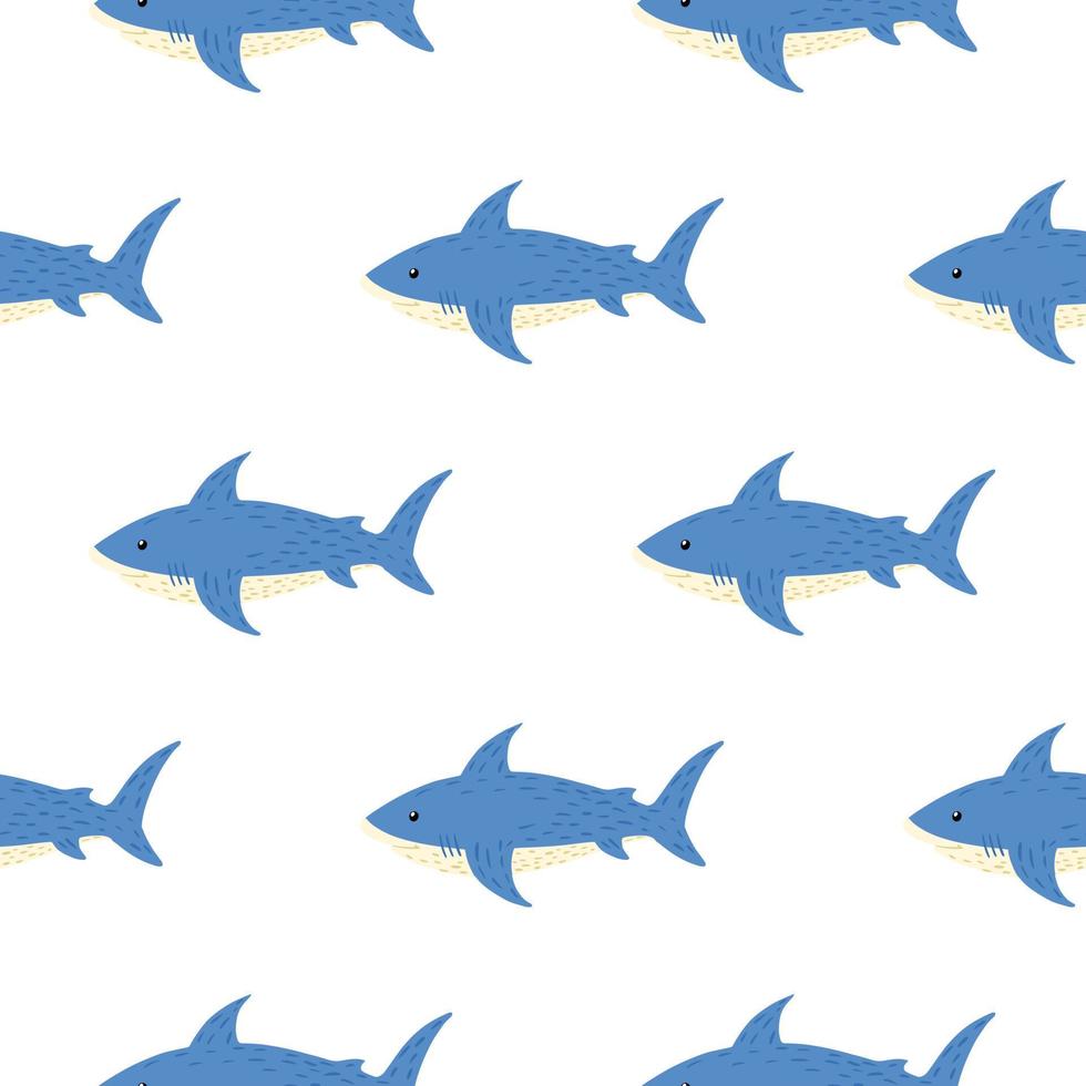 Isolated seamless pattern with underwater shark ornament. Blue fishes on white backround. vector