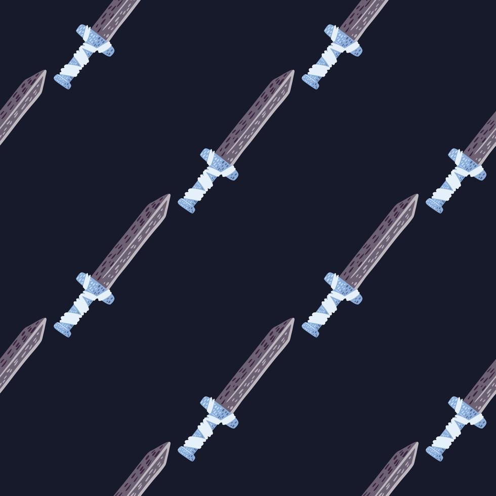 Dark minimalistic seamless pattern with simple sword ornament. Black background. Vintage history print. vector