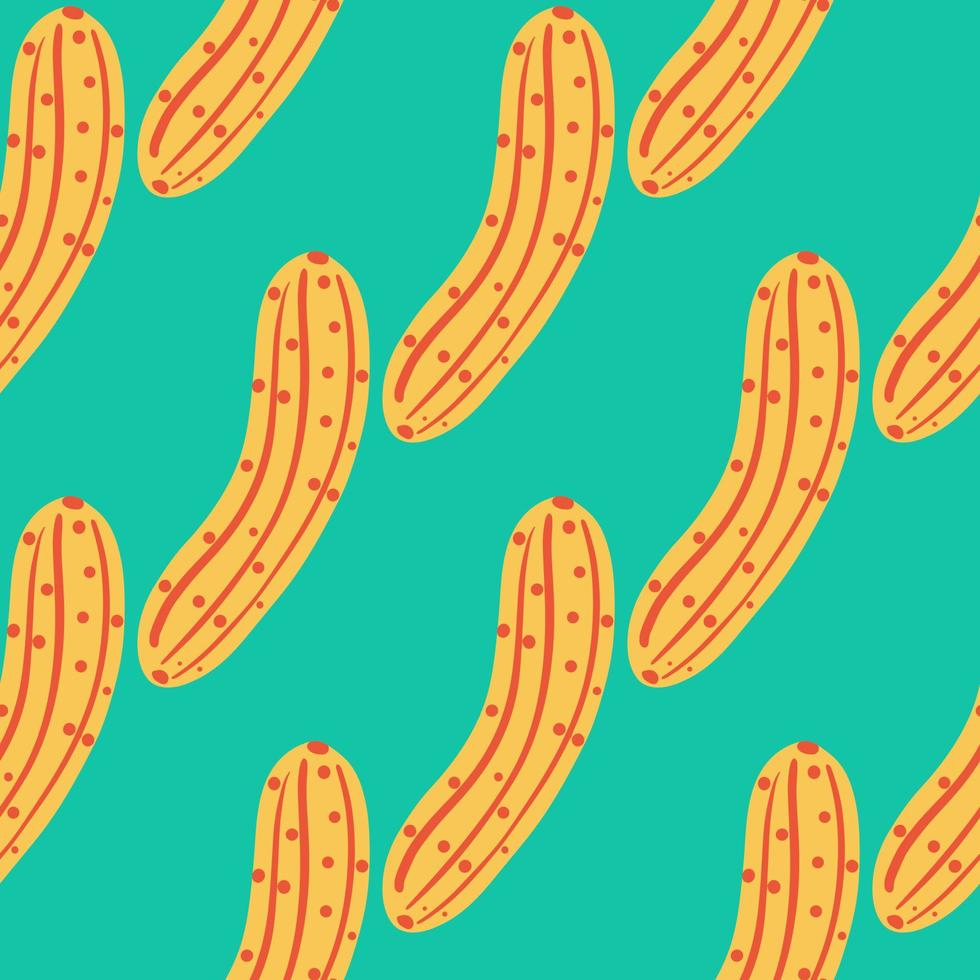 Abstract yellow cucumber seamless pattern on black background. Doodle cucumbers vegetable endless wallpaper. vector