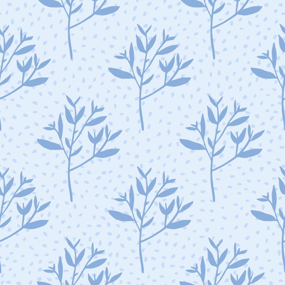Winter branches with leaves seamless pattern on blue background. Decorative foliage ornament. Leaf endless wallpaper. vector