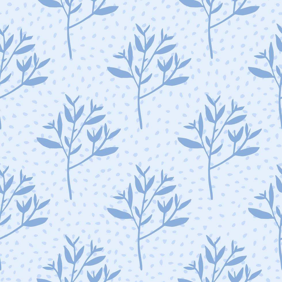 Winter branches with leaves seamless pattern on blue background. Decorative foliage ornament. Leaf endless wallpaper. vector