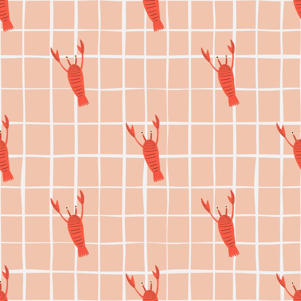 Tender bright seamless pattern with marine lobster ornament. Red little seafood shapes on pink chequered background. vector